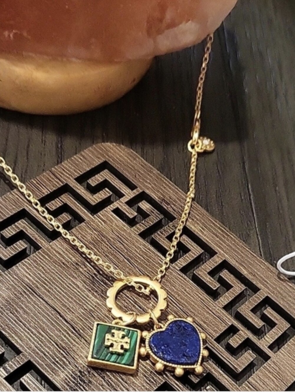 Tory Burch Necklace with Blue Heart and Green Square Charms